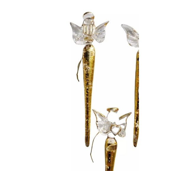 Set of 6 Vintage Silvestri Gold Leaf Glass Angel Icicle Drop Ornaments 5" Long - Picture 3 of 3